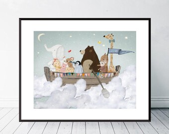 May include: A framed art print featuring a wooden boat sailing through white clouds. The boat carries a white elephant, a giraffe with a blue bow tie, a brown bear, a penguin, and other small animals. A blue flag and colorful bunting decorate the boat.