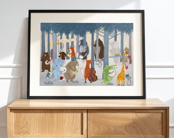 May include: A framed art print featuring a forest scene with various animals playing musical instruments, including a brown bear, a blue elephant, a fox, a giraffe, and a green crocodile, all set against a backdrop of tall blue trees.