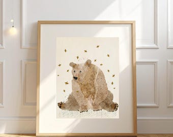 Bear and Bees print, Woodland Animal Wall Art, Whimsical Nursery Room Prints