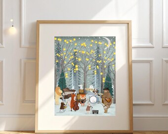 The moon star band Nursery Prints, Kids Room  Art, Woodland Animal Print, Baby Shower Gift