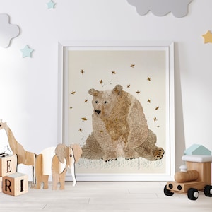 Oso Grizzly. arte infantil, Arte de pared de la naturaleza, Oso y abejas, Cuadro infantil, Arte de pared infantil, Impresión infantil, Arte caprichoso