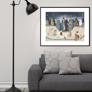 May include: A framed wall art print featuring a whimsical illustration of various animals, including a giraffe, bear, and panda, gathered at a skate park under a starry night sky with colorful bunting flags strung across the dark blue background.