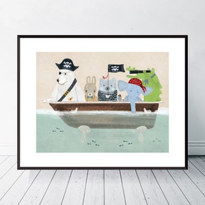 The Pirate Tub. Nursery art print, Nursery wall art, Nautical nursery art, Cute illustrations, Woodland animals, Pirate shipmates, Whimsical