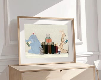 Little reader's Nursery Prints, Kids Room Wall Art, Woodland Animal Print, Baby Shower Gift