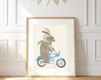 Bears and Bunnies nursery print, animal bike decor, Whimsical Nursery Wall Art