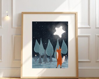 star balloon Nursery Prints, Kids Room Wall Art, Woodland Animal Print