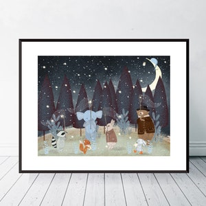 Little Falling Stars. Nursery art, Children's wall art, Neutral nursery art, Children's picture, Woodland theme.adventure theme, Whimsical