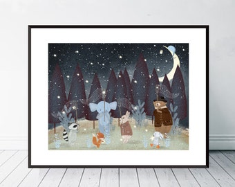 Little Falling Stars. Nursery art, Children's wall art, Neutral nursery art, Children's picture, Woodland theme.adventure theme, Whimsical