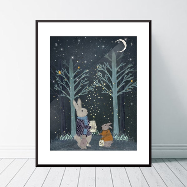 Catching Fireflies. Nursery art, Children's wall art, Neutral nursery art, Cute illustrations, Whimsical wall art, Woodland nursery art