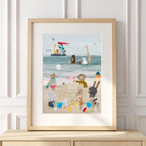 Little Beach Day Nursery Print, Kids Room Wall Art, Woodland Animal Print
