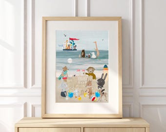 Little Beach Day Nursery print ,Kids wall art, forest animals decor