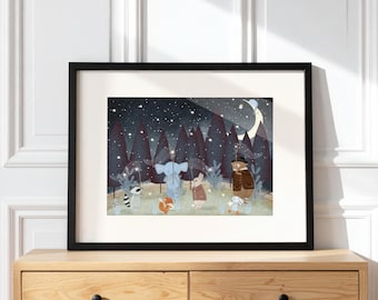 May include: A framed art print featuring a nighttime forest scene with a raccoon, elephant, fox, rabbit, and bear holding butterfly nets to catch stars. The dark sky is filled with white stars and a crescent moon above dark pine trees.