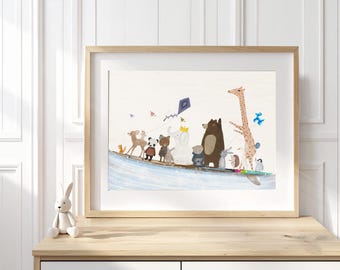 surf time nursery Print, Woodland Animal Skate & Surf Decor, Whimsical Wall Art