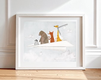 Plane sailing Nursery Print, Forest Animals decor , Woodland Storybook Theme, Kids Wall art
