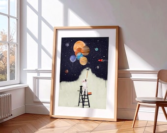 Galaxy Graffiti Astronaut Print, Solar System Poster, Space Kids Room Decor