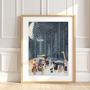 The Moon Band. Nursery Wall Art, Woodland music animals Print, Kids Room Decor
