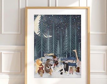 The Moon Band Woodland animals Nursery Print, Whimsical Forest Animal Wall Art