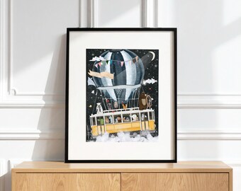 Magical Flying Tram Nursery Print, Woodland Forest Animals Wall Art, Kids Room Decor