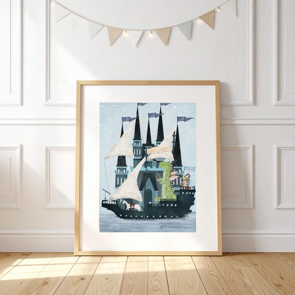 The Magical Castle Ship Nursery Print, Woodland Forest Animals Wall Art, Kids Room Decor