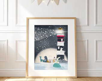The Star Lighthouse Nursery Print, Woodland Forest Animals Wall Art, Kids Room Decor