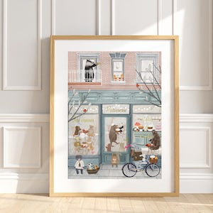Lámina infantil con motivos de animales del bosque y pastelería, decoración de pared original para la habitación de los niños.