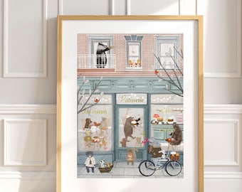 Petite Patisserie Woodland Animal Nursery Print, Whimsical Kids Room Wall Art