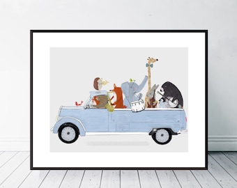 A Musical Road Trip. Woodland Animal Nursery Wall Art, Whimsical Kids Room Print