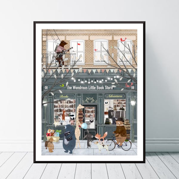 The Wondrous Little Book Store. Nursery art, Children's wall art, Reading theme, Book store print ,Children's picture, Nursery prints,