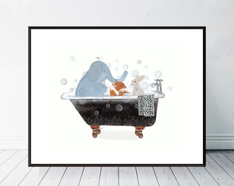 Little Bath Time. Bathroom wall art, Nursery art, Children's wall art, Neutral nursery art, Woodland animals, Cute illustrations.