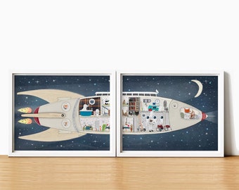 A Wondrous Space Adventure ,Nursery Art Print , Spaceship posters, children’s wall art . Whimsical prints .
