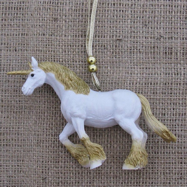 Gold Unicorn Christmas ornament, kitsch retro tree bauble, hanging decoration in golden sparkly kitsch style, quirky fantasy tree hanger
