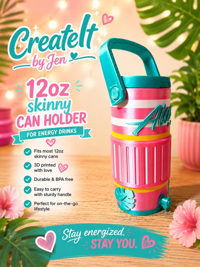 May include: A pink and white 12oz skinny can holder with a teal handle and accents. The text "Createlt by Jen" and "12oz skinny CAN HOLDER" are displayed. The can holder is designed for energy drinks and is 3D printed.