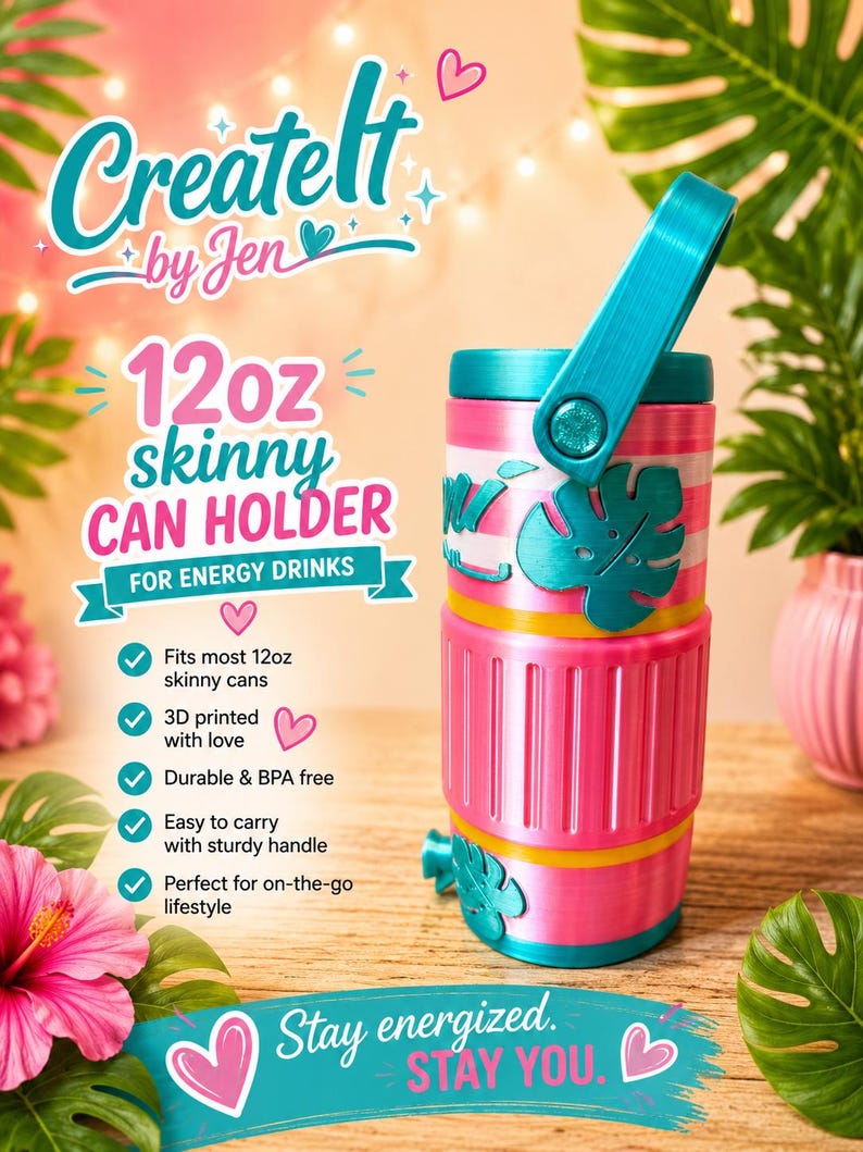 May include: A pink and teal 12oz skinny can holder with a sturdy handle. The can holder is 3D printed and features the text "Create It by Jen" and "Stay energized. STAY YOU." The design includes a tropical leaf motif.