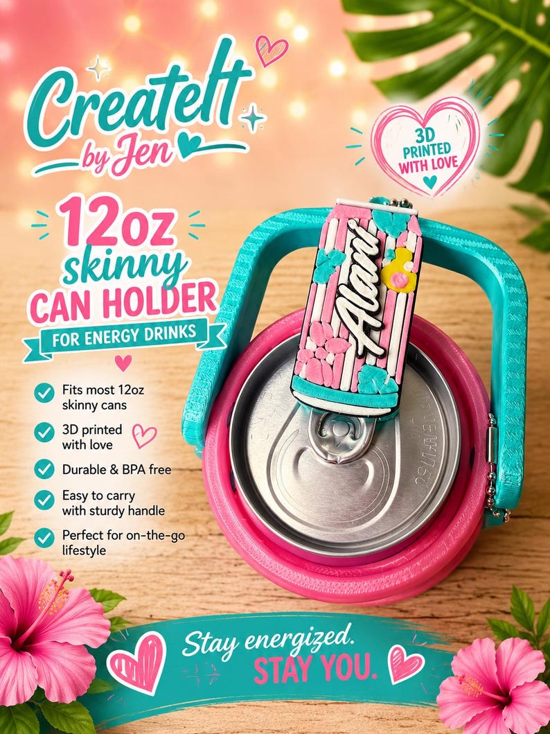 May include: A pink and teal can holder for 12oz skinny cans, with the text "CreateIt by Jen". The holder has a sturdy handle and a decorative Alani can topper. The image also includes the text "Stay energized. STAY YOU."