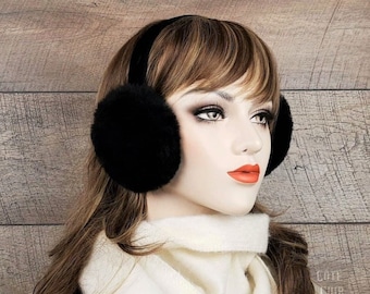 Black Shearling Earmuffs For Women, Real Fur Ear Warmer, Genuine Sheepskin, COMN1