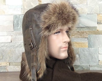 Fur Aviator Hat for Men, Real Raccoon Fur Trapper Hat Ushanka, Genuine Leather Antique Brown Color, Recycled Raccoon Fur, Antoine Model CA35