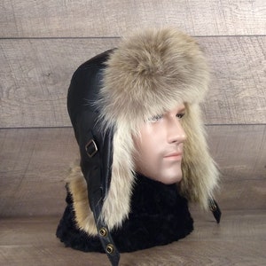 Fur Hat for Men, Coyote Fur Aviator Hat, Ushanka, Real Black Leather ...