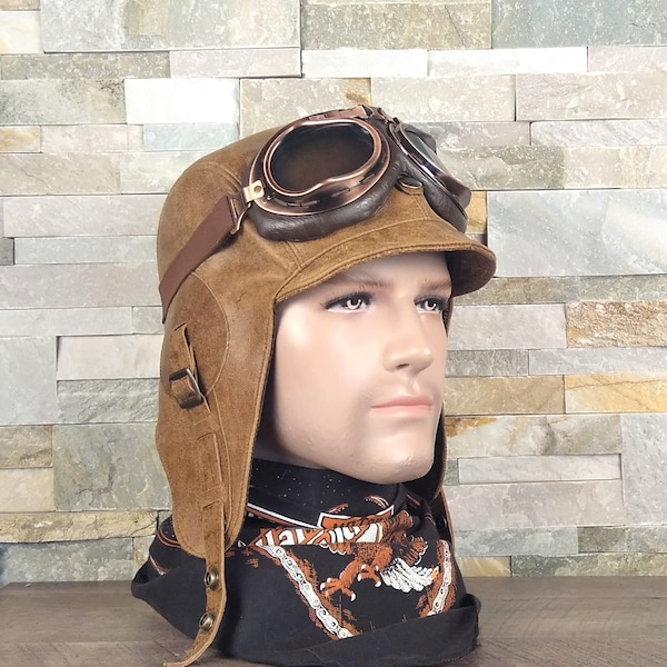 Tan Leather Aviator Hat, Convertible Driving, Pilot Cap, Steampunk hat, Motorcycle Helmet, For Men and Women, Simon Model, CA4