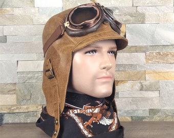 Casque aviateur en cuir tan, chapeau pour décapotable/cabriolet, chapeau style aviateur pilote, pour homme et femme, Modèle Simon, CA4