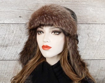 Women's Real Fur Aviator Hat, Raccoon Fur Ushanka, Real Black Leather and real recycled Raccoon Fur, Simon Model, CA20