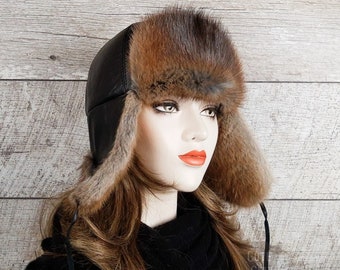Muskrat Fur Hat, Genuine Leather, Aviator/Trapper Fur Hat, Ushanka, Real Recycled Muskrat Fur, Charles Model, CAC