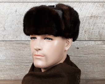 Chapka vison brun homme, style russe, vrai fourrure, cuir brun véritable et fourrure de vison brun recyclée, Modèle Russe CRU2