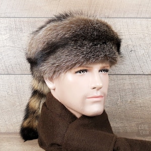 Chapeau Davy Crockett en fourrure de raton laveur avec queue véritable, chapeau Daniel Boone, vrai fourrure recyclée image 2