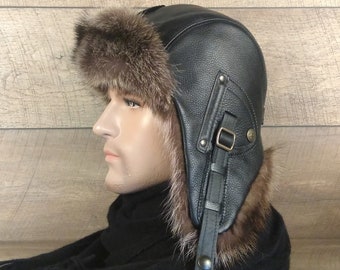 Fur Aviator Hat for Men, Raccoon Fur and Real Black Leather and Recycled Raccoon Fur, Fur-Lined Hat, Antoine Model CA18