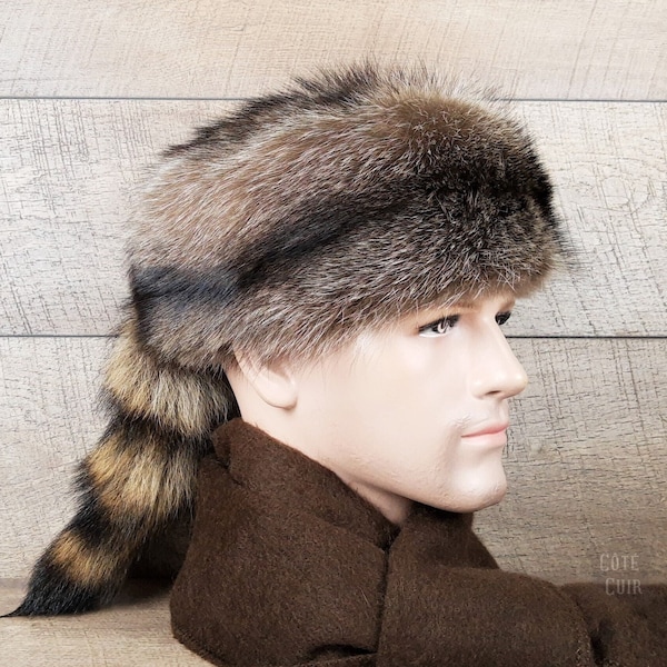 Davy Crockett Hat, Daniel Boone Fur Hat, Genuine Coonskin Hat with Real Tail, Recycled Raccoon Fur