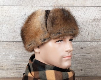 Men's Muskrat Fur Hat, Brown Leather, Fur Aviator Hat, Ushanka, Gegnuine Leather, Real Recycled Muskrat Fur, Charles Model, CAC