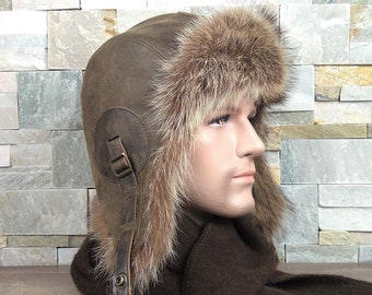 Men's Fur Aviator Hat, Real Raccoon Fur and Genuine Leather, Antique Brown Color, Recycled Raccoon Fur, Simon Model, CA25