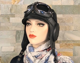 Casque aviateur cuir noir, chapeau pour décapotable, style pilote militaire WW2 ou steampunk, lunettes, homme/femme, Modèle William CA7