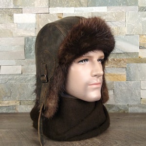 Fur Hat for Men, Real Beaver Fur Aviator Hat, Ushanka, Real Brown Leather, Recycled Beaver Fur, Simon Model, CA53 image 1