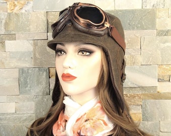 Chapeau aviateur en cuir, casque style pilote, bonnet pour décapotable, lunettes aviation, cuir brun ancien, unisexe, modèle Simon, CA02